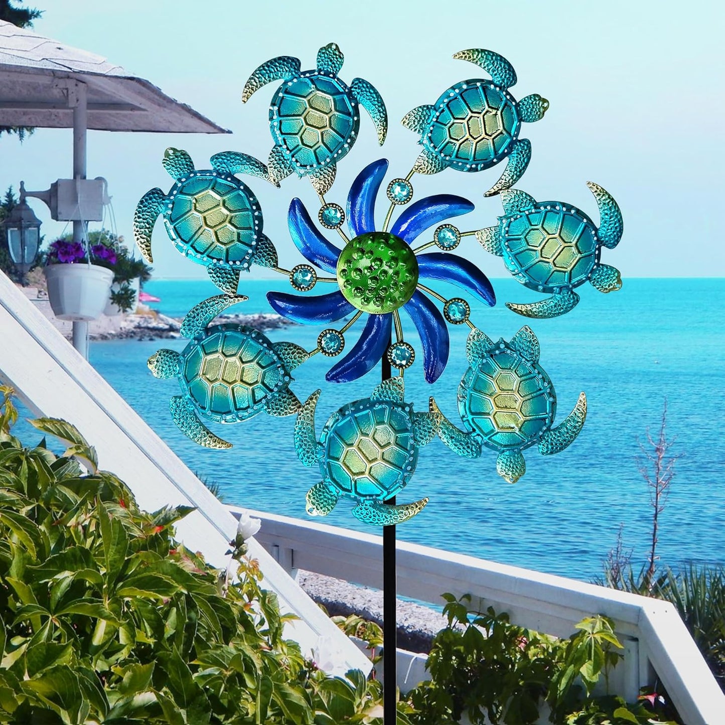 39" Sea Turtle Wind Spinners Garden Stake-Ocean Theme Outdoor Decorations- Metal Stake Yard Spinner-Wind Sculpture Yard Art Decorations for Patio,Swimming,Lawn & Garden Decor