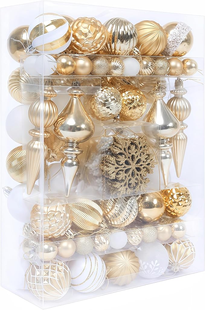 Christmas Tree Ornaments Decorations Set-116ct 1.18-6.5 Inch Assorted White Gold Shatterproof Decorative Hanging Christmas Ball Ornaments Bulk,Xmas Tree Tabletop Decorations for Holiday Decor