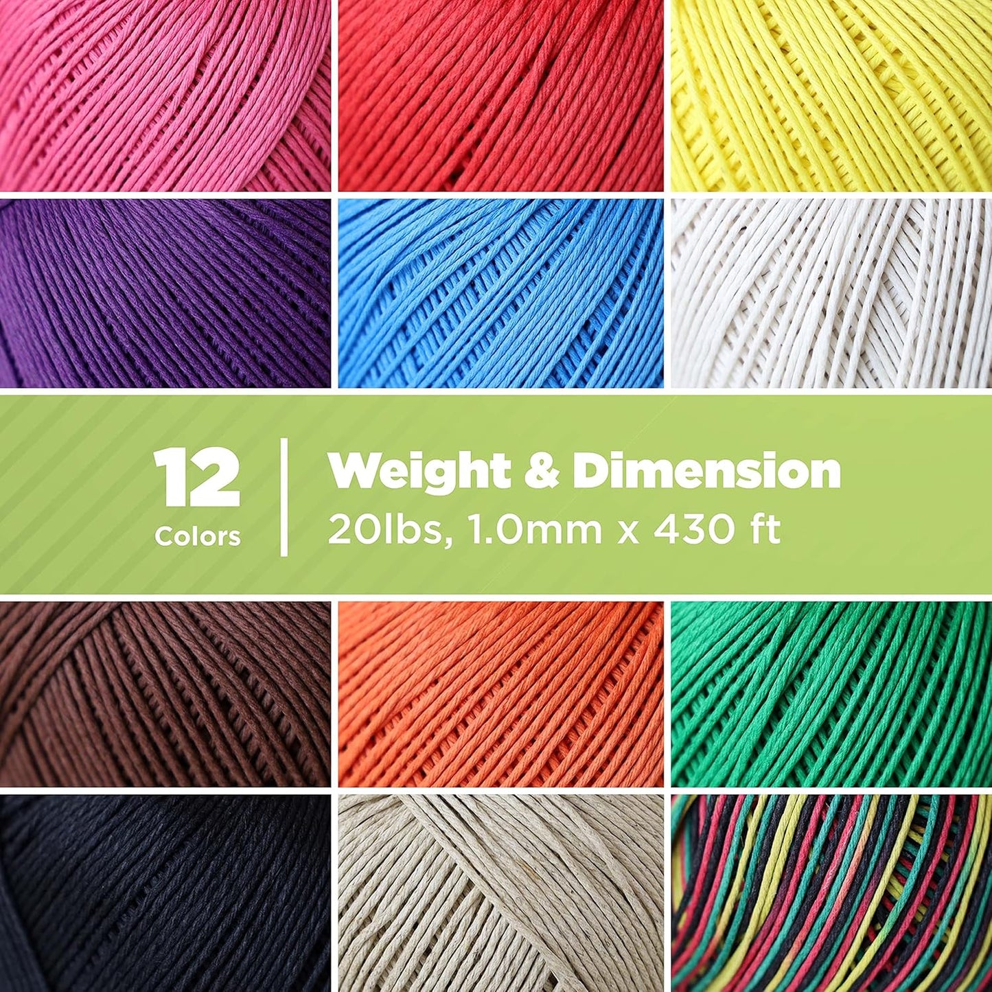 Hemp Twine for Gardening - Twine for Crafts - Organic Natural Hemp String for Jewelry Making - Strong Durable Cord for Decoration, Macrame + Cooking - 1MM, 100G/430 Ft. - 20 lb. Test Strength - 12 Pk