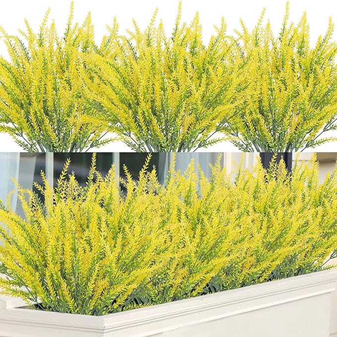 Ouddy Decor 12 Bundles Artificial Lavender Fake Flowers Faux Plastic Plants for Home Wedding Kitchen Garden Patio Window Box Office Table Centerpieces Indoor Outdoor Decor, Yellow