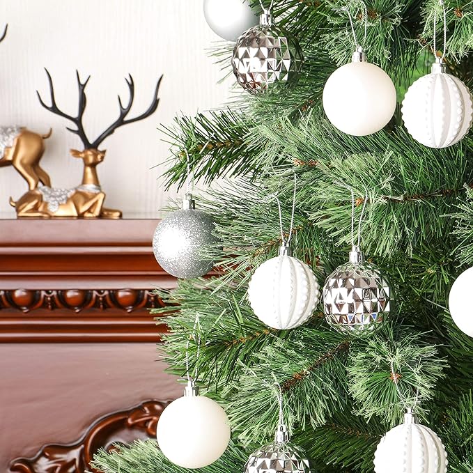 45Pcs 6cm/2.36inch Christmas Balls Glitter Ornaments Set, Shatterproof Plastic Xmas Tree Hanging Ornament, Christmas Decorations Balls for Holiday Festival Wedding House Bar Party(Silver/White)