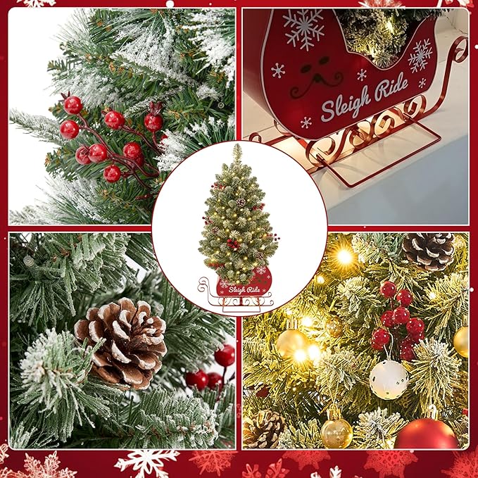 3 Ft Pre-Lit Christmas Tree, Frosted Artificial Christmas Tree with 78 Led Lights,8-Mode Battery Box,Timer Battery,Red Berry,Christmas Decoration for Home, Office,Fireside,Easy Installation