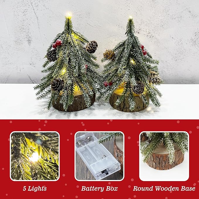 2 Pack Artificial Christmas Tabletop Mini Pine Trees, 6.5 in Tall Lighted Holiday Decorations with Wooden Base, Red Berries, Pine Cones Snowflake for Home Table Windowsill Office Desk Mantel