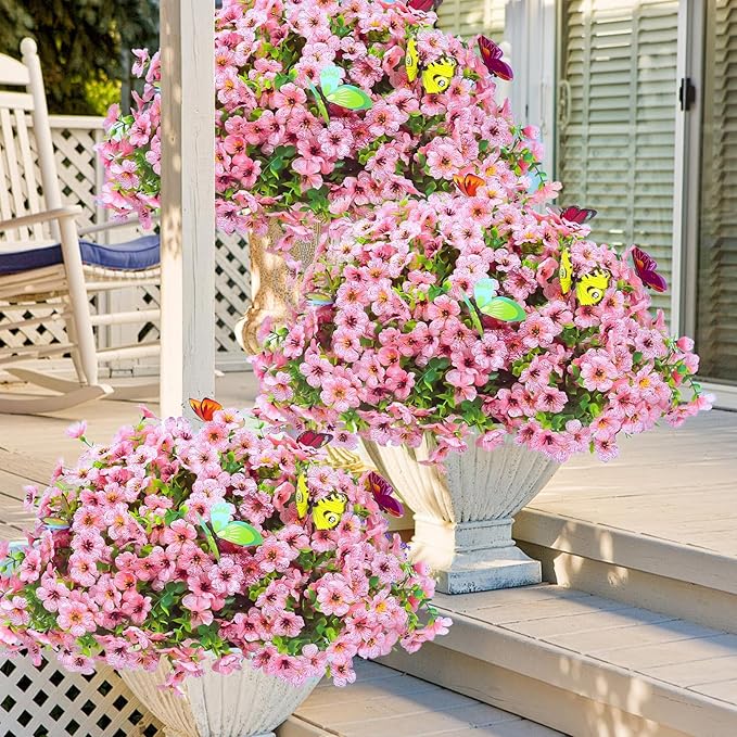 20 Bundles Artificial Flowers for Outdoors‌ with 6 Faux Butterflies, UV Resistant Fake Flowers‌ with Eucalyptus Leaves, Artificial Plants Outdoor‌ for Patio Garden Porch Home Decor (Pink)