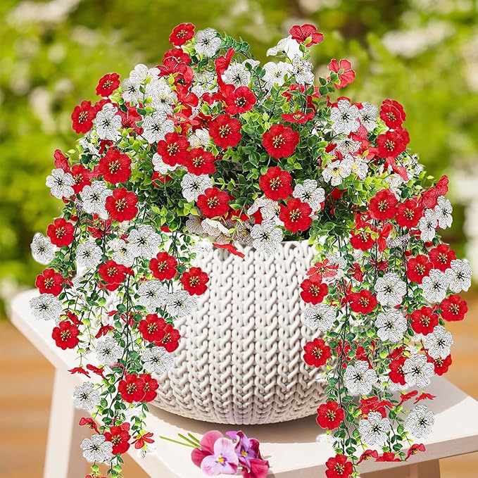 Artificial Flowers for Outdoors 6PCS，All Weather Fade Proof, UV Resistant Waterproof Realistic Faux Silk Mums Daisies Red & White for Hanging Planters Porch Patio Balcony Deck Fence Garden Decor