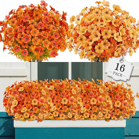 AGIRL 16 Bundles Artificial Fall Flowers Outdoor Indoor Decoration,No Fade Autumn Fake Plastic Plants with Eucalyptus Leaves,Faux Mums for Thanksgiving Garden Front Door Porch Patio Fall Decor