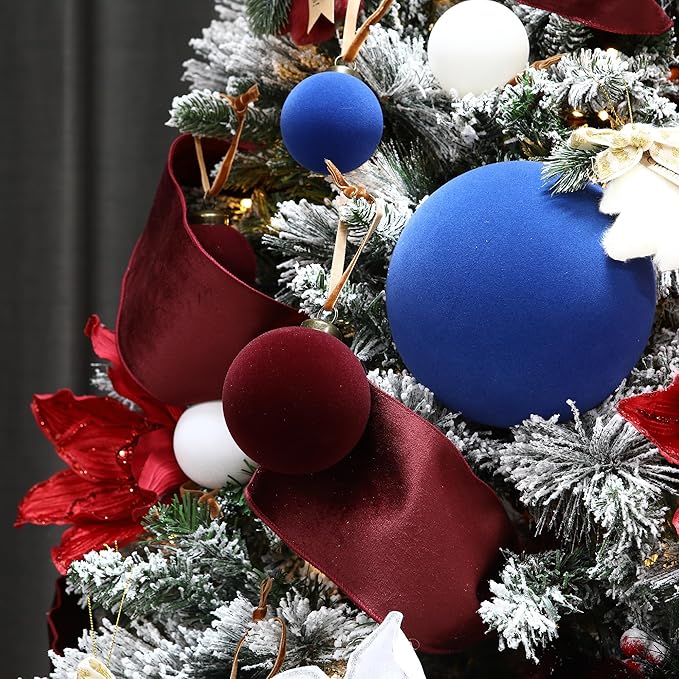 Sea Team 4-Pack Large Flocked Velvet Christmas Tree Ball Ornaments Set, Hanging Velour Baubles, Shatterproof Plastic Decorations for Xmas Tree, Wreath, Garland, 150mm/5.91 Inches, Royal Blue
