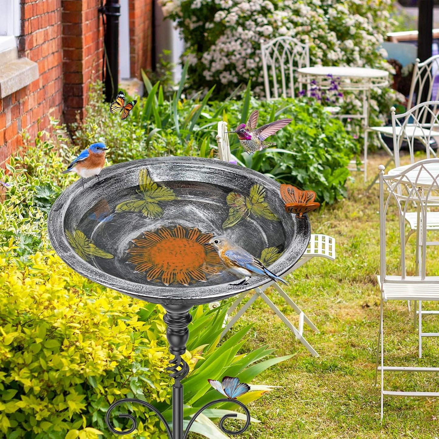 35.4" Tall Bird Bath for Outside, Vintage Metal Birdbaths Bowl with 5 Prong Bases for Outdoors, Freestanding Birdfeeder with Hummingbird Carving for Garden Yard Lawn Decor (Vintage Silver)