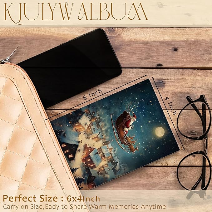Christmas Photo Albums 4x6 Pictures, Christmas Santa Flying under Full Moon Winter Village Small Memory Photo Album Book for Baby Family Graduation Wedding Travel Vacation