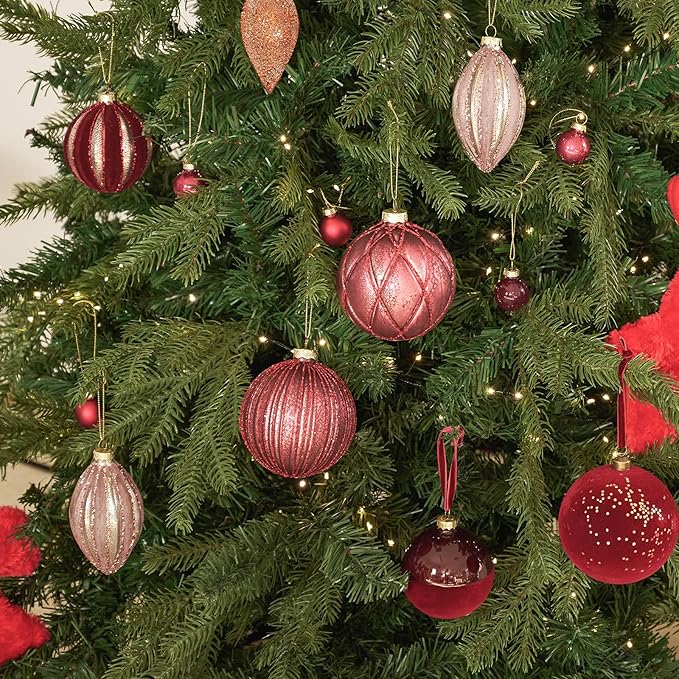 DN DECONATION 4PCS Christmas Ball Ornaments – 4” Burgundy Glass Hanging Ball Ornaments Set for Christmas Tree with Shimmering Silver Lines, Winter Home Decor Xmas Party Decorations Wedding