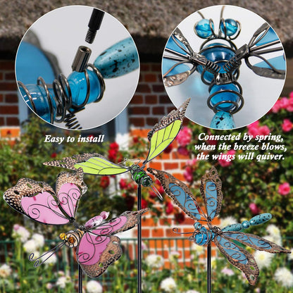 Juegoal 34 Inch Butterfly Garden Stakes Decor, Dragonfly Hummingbird Stakes, Glow in Dark Metal Yard Art for Mom, Mothers Day Ideal Gifts, Indoor Outdoor Lawn Pathway Patio Ornaments, Set of 3