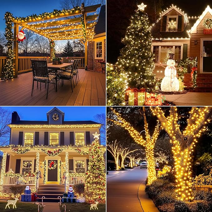 Upgraded 4Pack 160FT 400 LED Battery Operated Christmas String Lights Outdoor/Indoor, Timer & 8 Modes with Green Wire Christmas Tree Lights, Waterproof Fairy Lights for Xmas Tree Garden(Warm White)