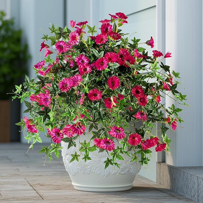 Artificial Flowers Artificial Petunias for Outdoors 2PCS Artificial Hanging Plants Outdoors Silk Flowers with Stems Outdoor Flowers Uv Resistant for Porch Terrace Decor，Rose Red，Without Pot