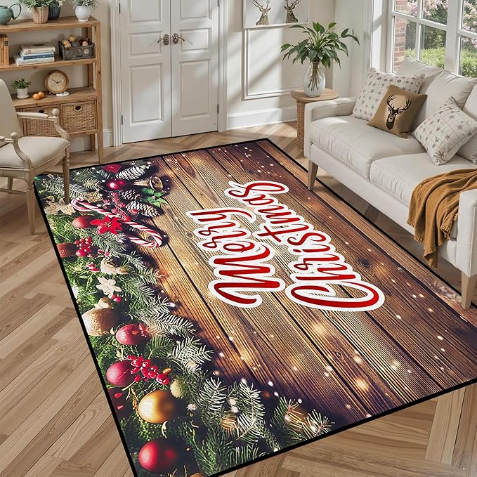 Christmas Wood Grain Xmas Decorative Area Rug, Non-Slip Indoor Throw Washable Rug, 71" X 47"