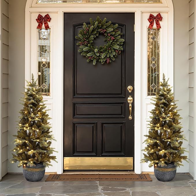 LuxenHome 4FT Potted Christmas Tree, Gold Glitter Slim Small Prelit Artificial Christmas Trees with 150 Warm White LED Lights, Faux Pine Tree with Modern MgO Pot for Indoor and Outdoor Holiday Decor