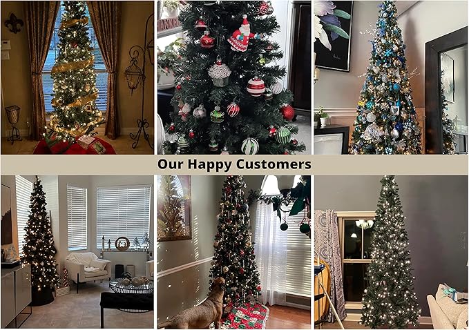 Vienna 7.5ft Prelit Slim Artificial Christmas Tree with 1102 Branch Tips, 350 Warm Lights and Metal Stand, 34" Wide Realistic Skinny Pencil Christmas Tree with Lights by Naomi Home