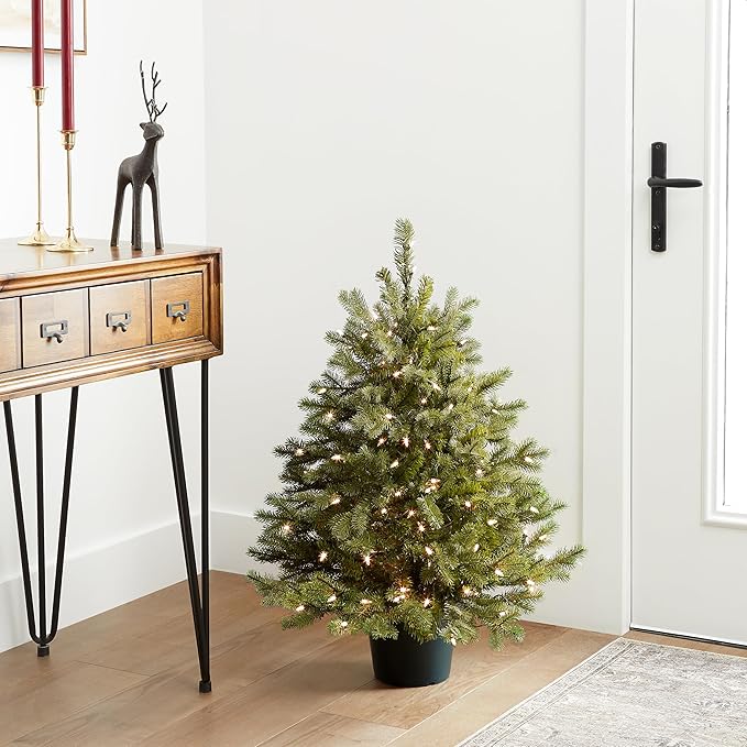 National Tree Company 3 ft Pre-Lit Hampton Spruce Mini Artificial Christmas Tree, 100 Clear Lights, 579 Tips, Green Growers Pot