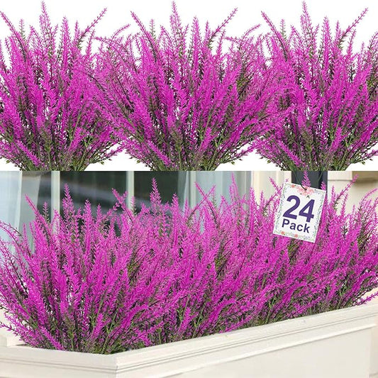 Ouddy Decor 24 Bundles Artificial Lavender Fake Flowers Faux Plastic Plants for Home Wedding Kitchen Garden Patio Window Box Office Table Centerpieces Indoor Outdoor Decor, Fuchsia