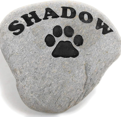 Personalized River Stone Pet Memorial Stones Headstone Grave Marker for Dog or Cat 8 inches to 10 inches Natural Rock Customized with Name and Paw Print