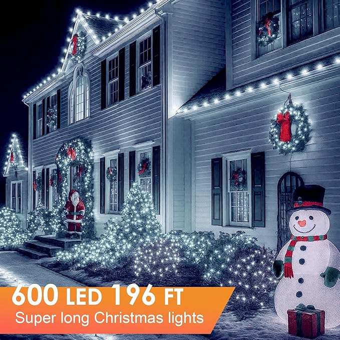 Christmas Lights 600 LED 196FT, IP67 Waterproof Christmas Tree Lights with 8 Modes, Outdoor String Lights with Timers & Memory Function, Xmas Light for Holiday Decor (Cool White)