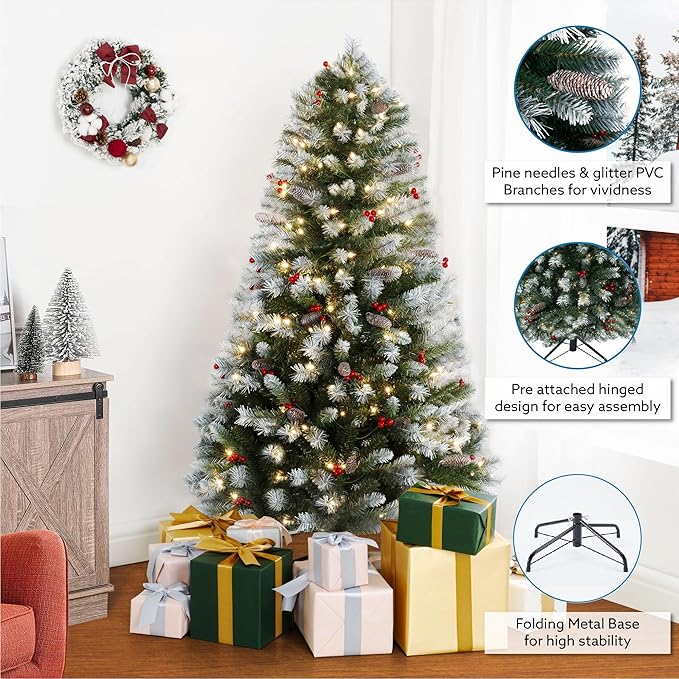 Vancouver 7.5ft Frosted Prelit Artificial Christmas Tree with Pine Cones,Faux Berries, Foot Pedal, 1346 Branch Tips,550 Warm Lights & Metal Stand, 53" Wide Realistic Decorated Spruce Christmas Tree