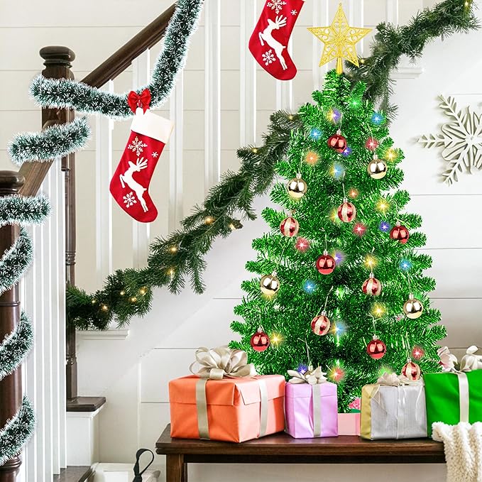 3 Ft Green Tinsel Christmas Tree Dual Color Change 12 Modes Timer DIY 50 Warm White & Multicolor Lights Star 15 Ball Ornaments Small Artificial Full Xmas Tree Battery Operated Table Home Indoor