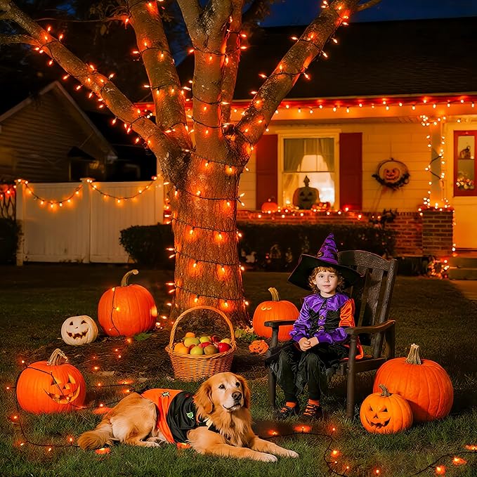 JMEXSUSS 500 LED Orange Halloween Lights Outdoor, 173ft Halloween String Lights Plug in, Waterproof 8 Modes Orange LED Light for Party House Tree Fall Thanksgiving Decorations