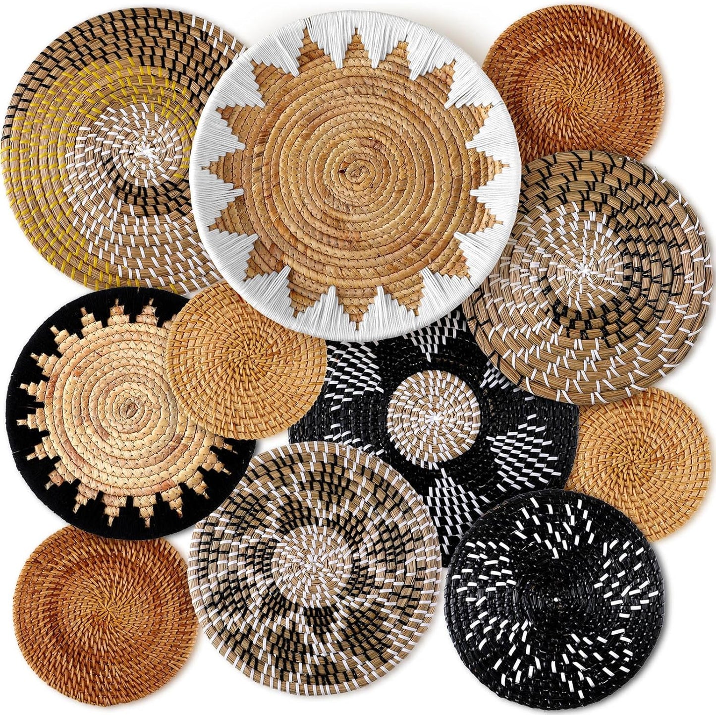 Xuhal 11 Pcs Boho Hanging Wall Basket Decor Handmade Woven Basket Wall Decorative Boho Wicker Baskets Placemats Round Farmhouse Bulrush Art for Rustic Home Decorations Christmas Gift(Stylish)