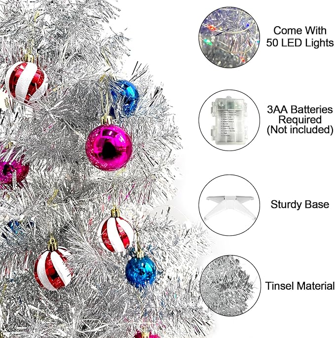 [Remote Control & 12 Modes] SURCVIO 3 Ft Christmas Tree with Timer 50 Four Color LED Lights DIY 15 Ball Ornaments Star Artificial Xmas Tree Indoor Outdoor Home Holiday Decorations (Silver)