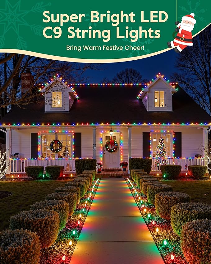 C9 Christmas Lights Outdoor with 110 Spring Clips, 81FT 110 LED C9 String Lights Waterproof Connectable for Outside Roofline Patio House Yard Windows Indoor Outdoor Christmas Decorations, Multicolor