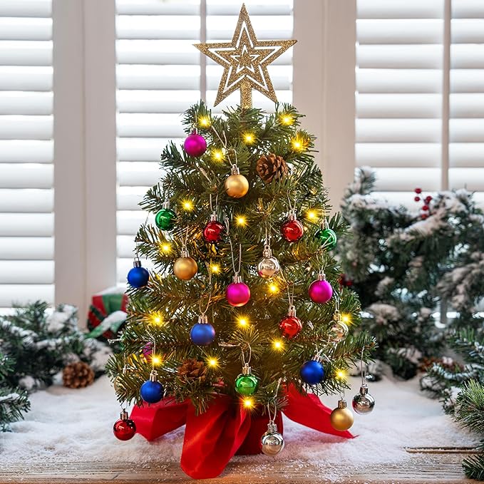 Joiedomi 24"/2FT Prelit Tabletop Christmas Tree with Warm Lights, Holly Berries, Pine Cones for Best Holiday Season Decorations Christmas Decoration Tree Decor for Indoor Xmas Tabletop Decor