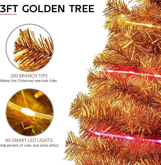 Gold 3ft Christmas Tree with Lights, Small 36inch Artificial Tree Mini Table Top Decorations, Xmas Desk Tree with 80 Colored Lights, 200 Branch, Holiday Decor for Home,Indoor Office Tabletop