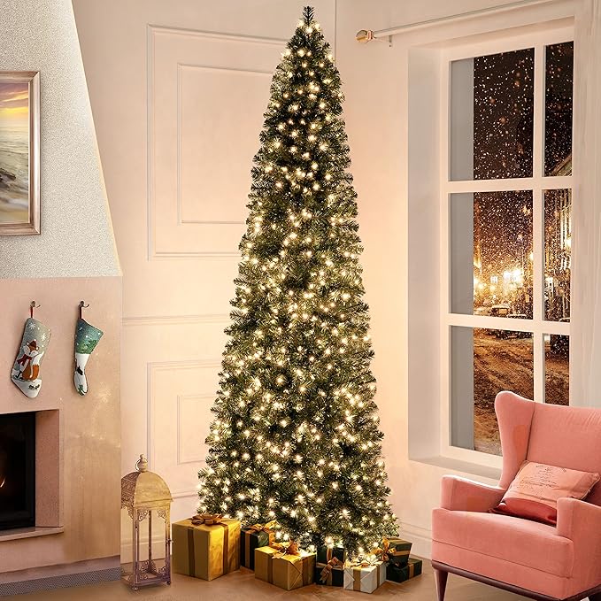 Vienna 7.5ft Prelit Slim Artificial Christmas Tree with 1102 Branch Tips, 350 Warm Lights and Metal Stand, 34" Wide Realistic Skinny Pencil Christmas Tree with Lights by Naomi Home