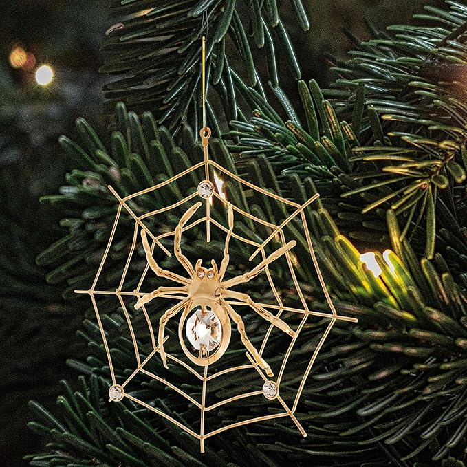 Matashi 24K Gold Plated Crystal Studded Hanging Ornaments for Christmas Tree, Christmas Spider Miracle, Decor - The Tradition of Tinsel Legend Spider on Web Ornament