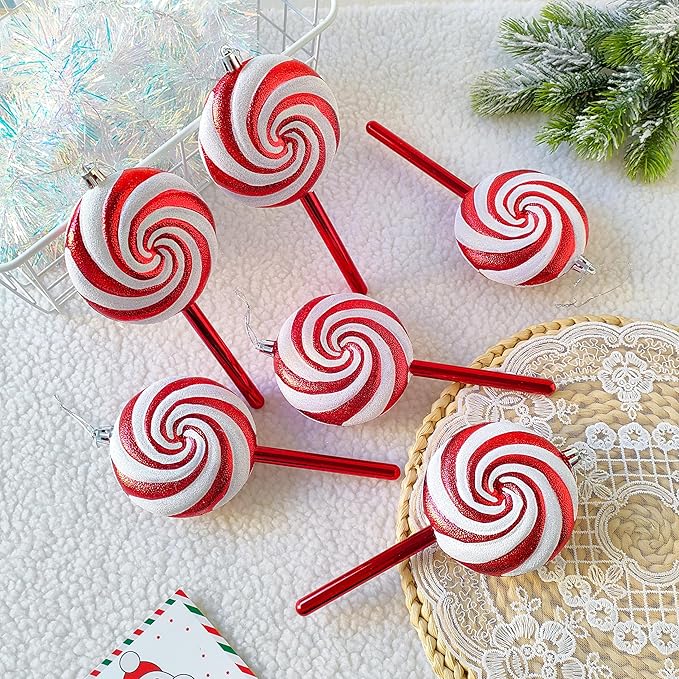 Christmas Lollipop Ornaments Glitter Hanging Lollipop Ornaments, 7.5inch Red White Lollipop,Threaded Shaped Lollipop for Xmas Tree Holiday Party Home Decor
