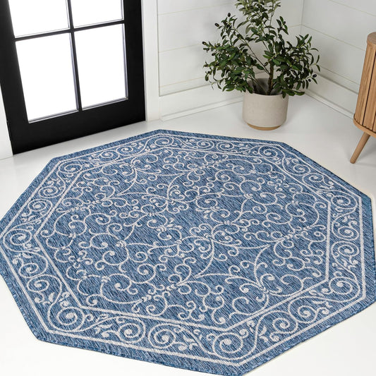 JONATHAN Y SMB106D-5TGN Charleston Vintage Filigree Textured Weave Navy/Gray 5' Octagon Indoor/Outdoor Area Rug, Non-Shedding, Stain Resistant,Fade Resistant, Easy-Cleaning for Backyard Patio, Porch