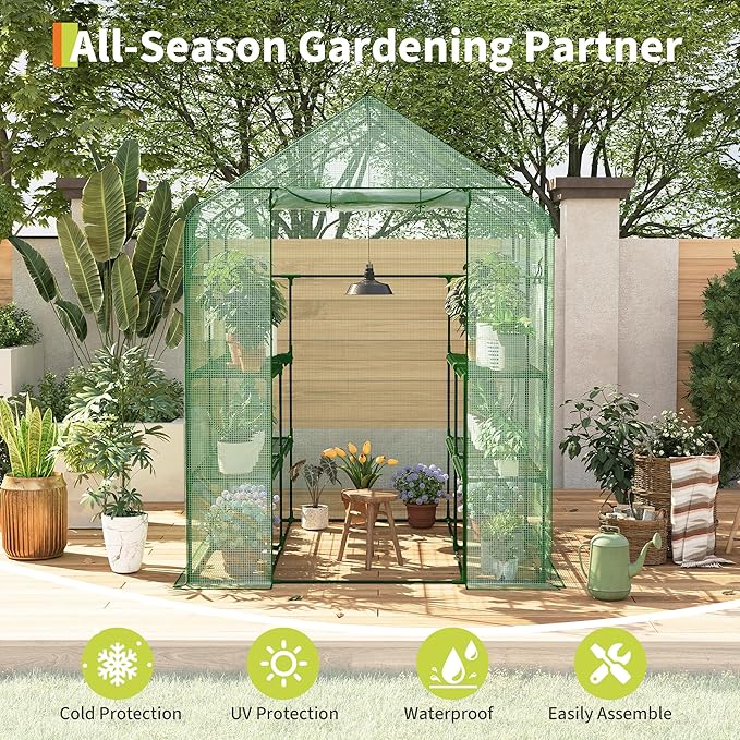 Greenhouses for Outdoors with 12 Wire Shelves, 4.7 x 4.7 x 6.4 ft Portable Greenhouse with Thicken PE Cover, Roll-up Zipper Door, Walk-in Green Houses for Seedling Flowers Growing