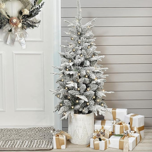 LuxenHome 4FT Small Potted Christmas Tree, Battery Operated Flocked Christmas Tree with 70 LED Lights, Prelit Artificial Xmas Trees with Pot, Lighted Pine Tree for Indoor, Outdoor Holiday Display