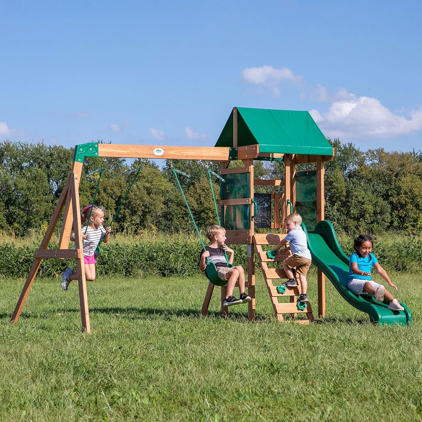 Backyard Discovery Buckley Hill Cedar Wood Swing Set with Wave Slide, Play Deck, Rock Wall Ladder, Belt Swings, Chalkboard, Canopy Roof, Outdoor Playset