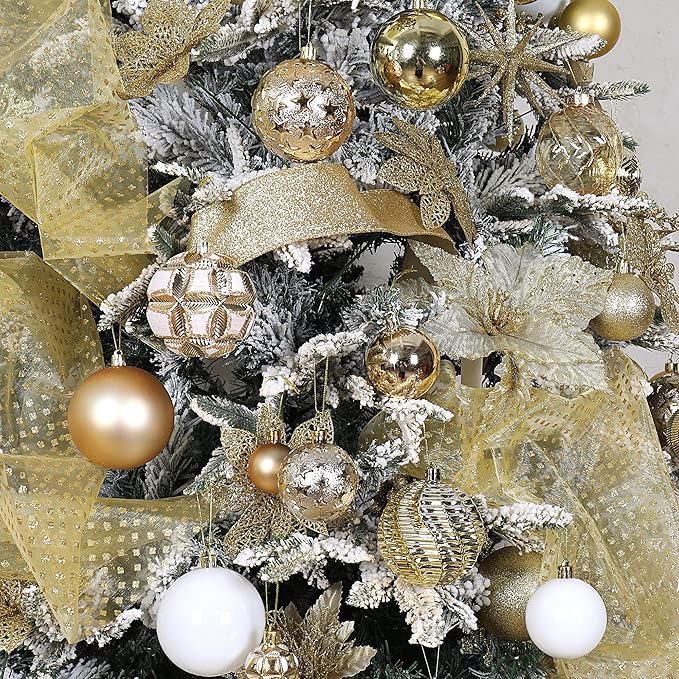 87ct Christmas Ball Ornaments Set Shatterproof Seasonal Hanging Decorations with Reusable Hand-held Gift Package for Xmas Tree Holiday Party and Home Decor, Gold