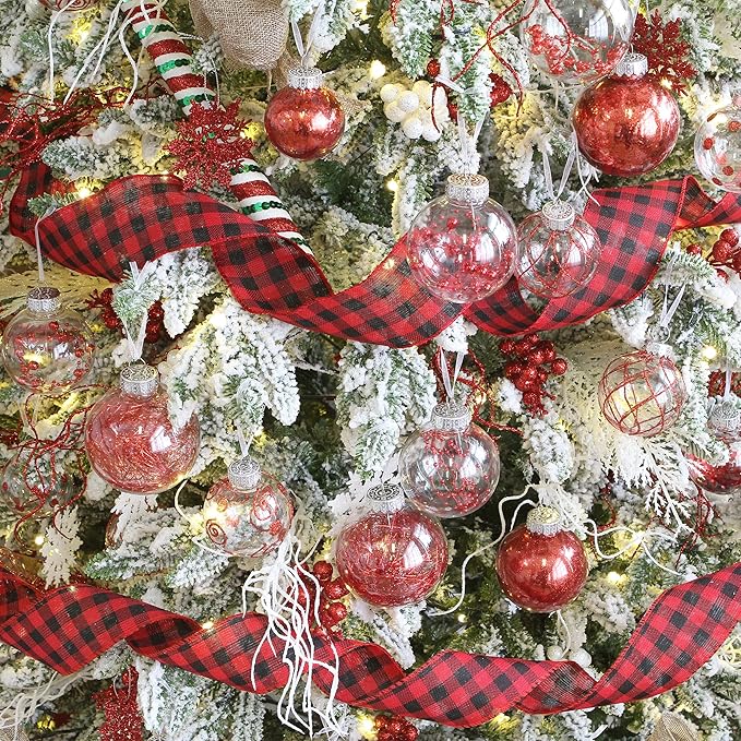 Sea Team Multi-Size Shatterproof Clear Plastic Christmas Tree Ball Ornaments Set, Decorative Hanging Transparent Xmas Baubles with Stuffed Delicate Decorations (25 Counts, Red)