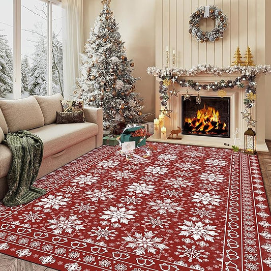 6' X 9' Christmas Rugs Snowflake Area Rug Indoor for Living Room Bedroom Dining Room Dorm Classroom Nursery Red and White Xmas Carpet for Kids Girls Women Floor Mat Pad Winter