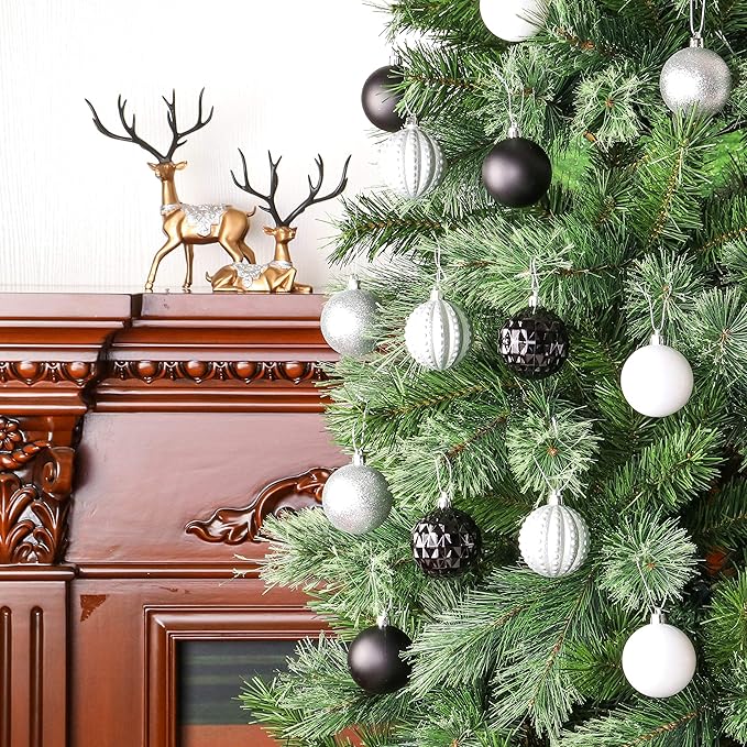 45Pcs 6cm Christmas Glitter Ball Ornaments, Shatterproof Plastic Xmas Tree Decorations for Holidays, Weddings, Parties - Black, White, Silver