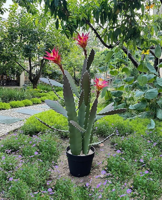 33 Inch Large Artificial Cactus with Magenta Flowers in Pot with Natural Gravel. Satin Finish Leaves with Real Look and Feel. Outdoor and Indoor Faux Plants.