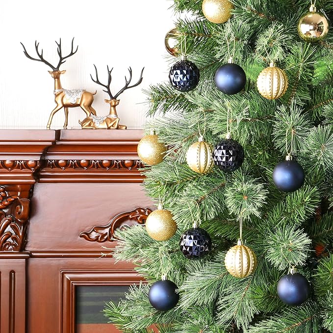 45Pcs 6cm/2.36inch Christmas Balls Glitter Ornaments Set, Shatterproof Plastic Xmas Tree Hanging Ornament, Christmas Decorations Balls for Holiday Festival Wedding House Bar Party(Navy/Gold)