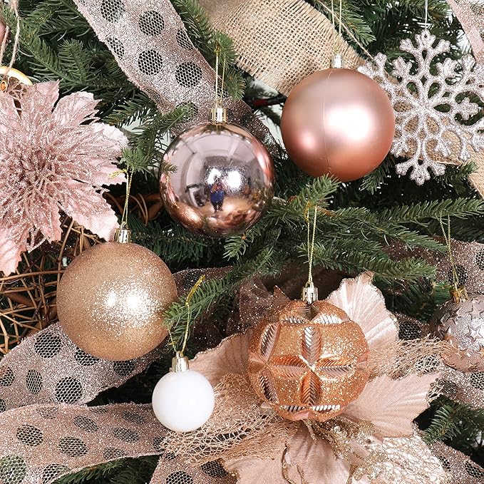 87ct Christmas Ball Ornaments Set Shatterproof Seasonal Hanging Decorations with Reusable Hand-held Gift Package for Xmas Tree Holiday Party and Home Decor, Rose Gold