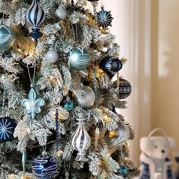 Valery Madelyn Fall Ornaments for Christmas Trees, 60ct Navy Blue and Silver Shatterproof Christmas Tree Decorations, Luxury Hanging Ball Ornaments Bulk for Thanksgiving Autumn Harvest Decor