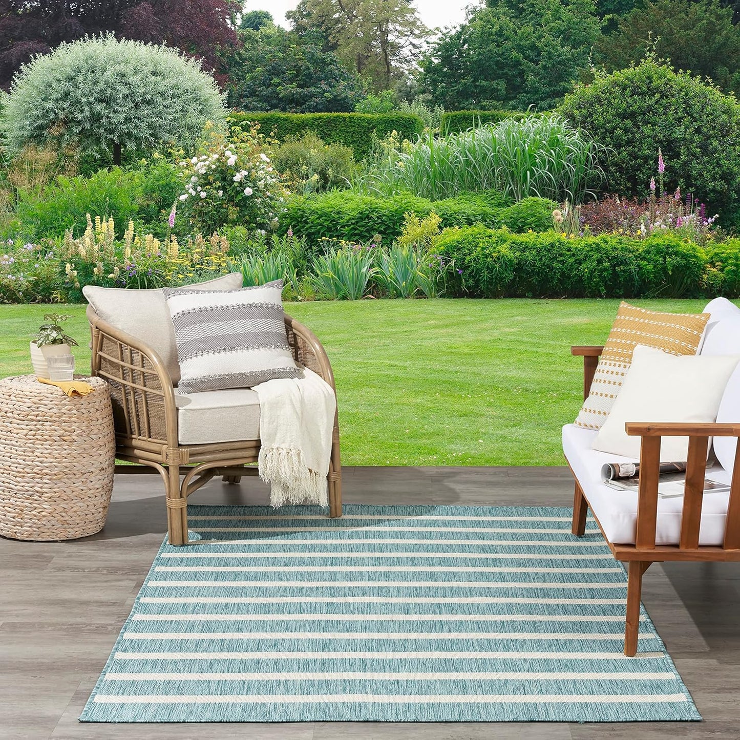 Nourison Home Positano Indoor/Outdoor Aqua Ivory 4' x 6' Area -Rug, Easy -Cleaning, Non Shedding, Bed Room, Living Room, Dining Room, Deck, Backyard, Patio (4x6)