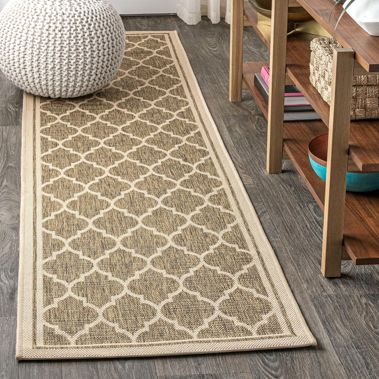 Eyely BMS109A-214 Santa Monica Trebol Moroccan Trellis Textured Weave, Pet Friendly, Non-Shedding, Stain Resistant, Easy-Cleaning, Brown/Beige, 2 ft. x 14 ft., Indoor/Outdoor, Runner Rug