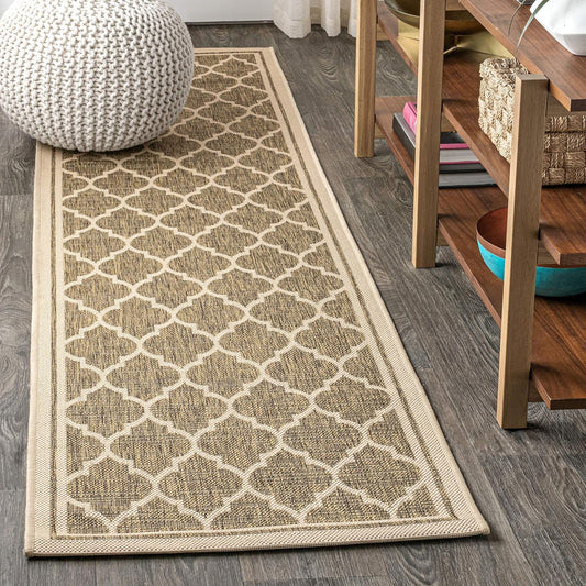 Eyely BMS109A-214 Santa Monica Trebol Moroccan Trellis Textured Weave, Pet Friendly, Non-Shedding, Stain Resistant, Easy-Cleaning, Brown/Beige, 2 ft. x 14 ft., Indoor/Outdoor, Runner Rug